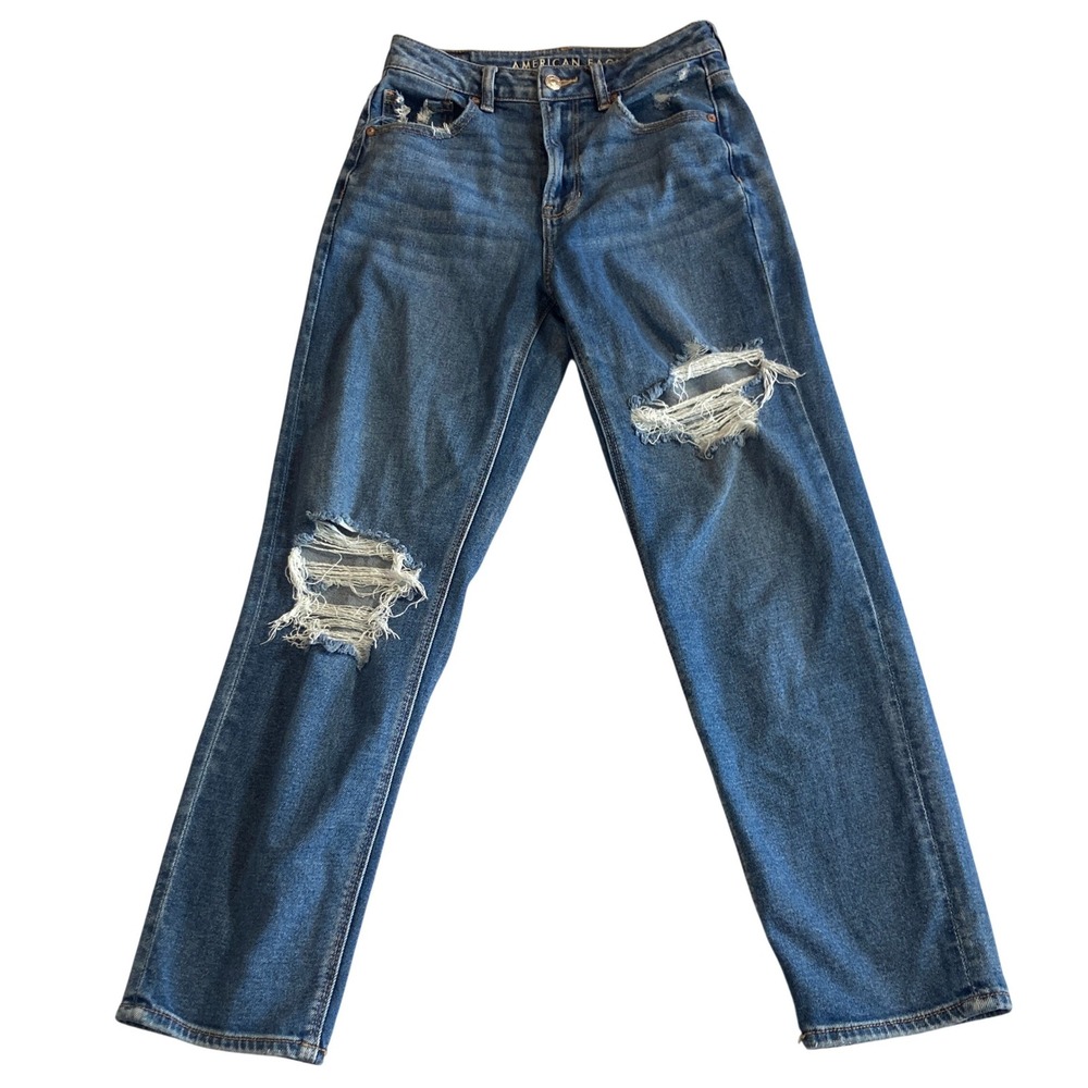 American Eagle Mom Straight Jeans Size 4 Regular Distressed Ripped Blue Denim